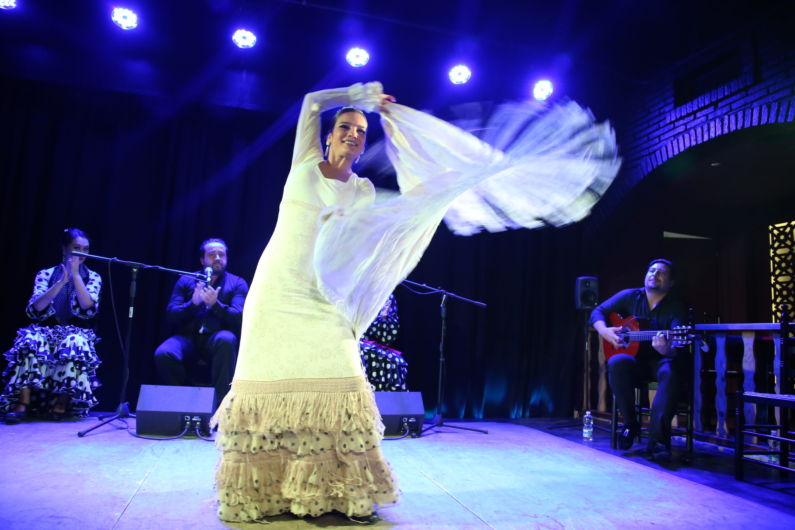 Bailaora de flamenco moviendo el mantón en un tablao, con el guitarrista y los cantaores al fondo