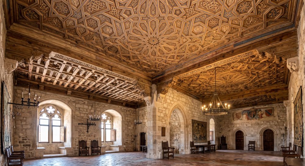 Entramado de carpintería de lo blanco con lacerías geométricas en el interior de la fortaleza de Belmonte